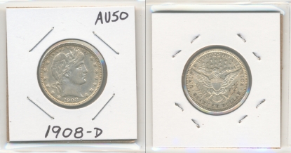 Picture of 1908-D Barber Quarter Dollar AU50